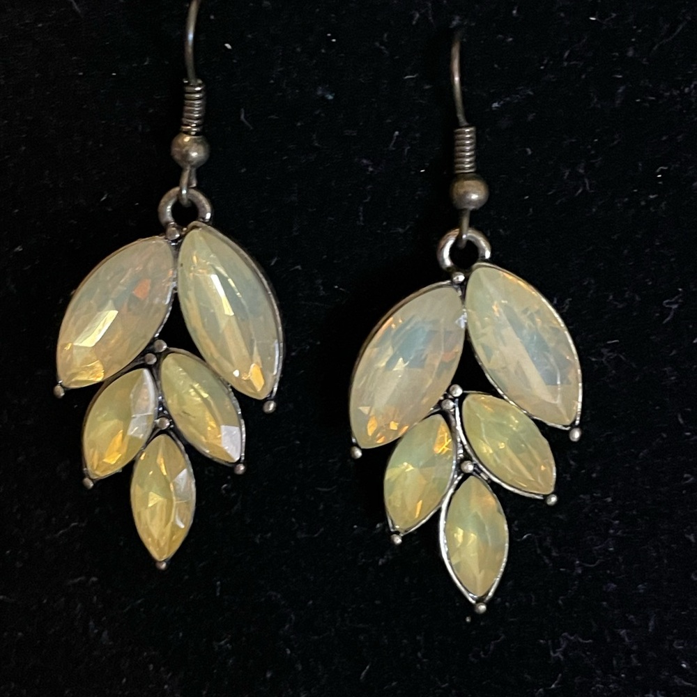 Yellow plastic rhinestone leaf earrings with antique details lightweight dangle